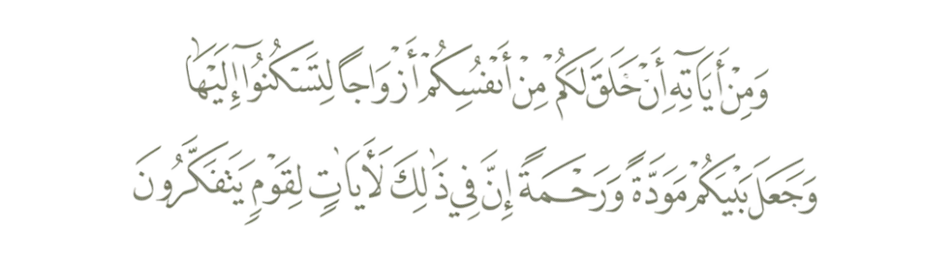 وَمِنْ آيَاتِهِ أَنْ خَلَقَ لَكُم مِّنْ أَنفُسِكُمْ أَزْوَاجًا لِّتَسْكُنُوا إِلَيْهَا وَجَعَلَ بَيْنَكُم مَّوَدَّةً وَرَحْمَةً